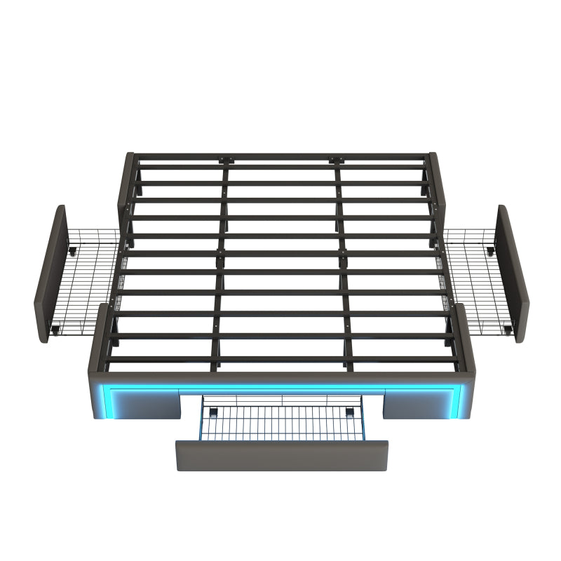 Bettgestell 180X200 mit Schubladen, PU-Leder Bett ohne Kopfteil Mit LED-Lichtleiste, MetalllattenPlattformbett für moderne Schlafzimmer Grau