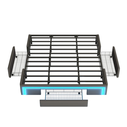 Bettgestell 180X200 mit Schubladen, PU-Leder Bett ohne Kopfteil Mit LED-Lichtleiste, MetalllattenPlattformbett für moderne Schlafzimmer Grau