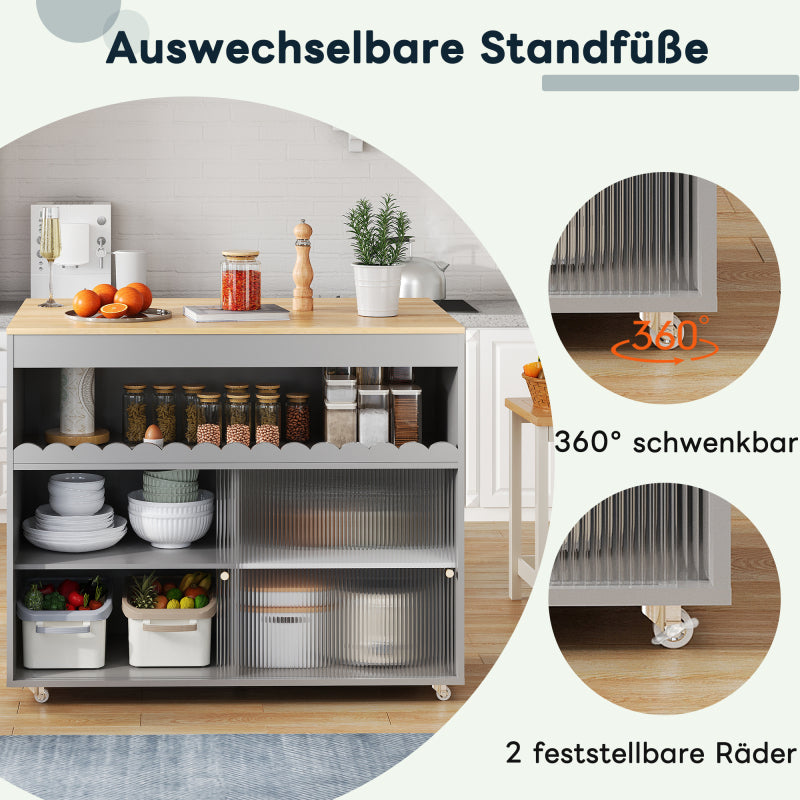 122 x 46(69) x 91cm, klappbarer Kücheninselwagen, Arbeitsplatte aus Eichenholzfurnier, Schiebetüren aus gehärtetem Glas, verstellbare Einlegeböden, Handtuchhalter, großer Kücheninselwagen