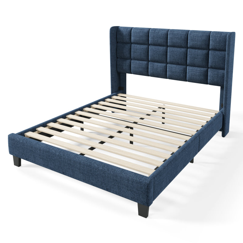 Polsterbett Mit seinem gepolstertes Kopfteil Doppelbett mit Lattenrost, 140x200cm ,in Blau Leinen, mittelfest(Ohne Matratze)