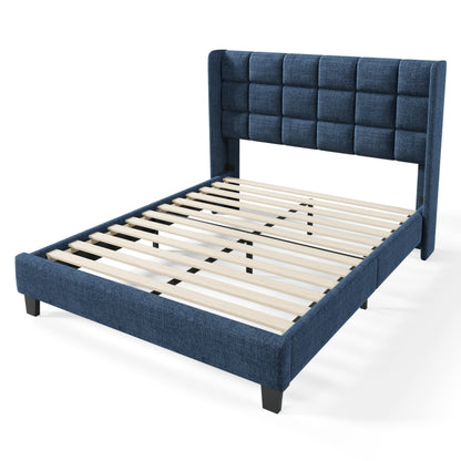 Polsterbett Mit seinem gepolstertes Kopfteil Doppelbett mit Lattenrost, 140x200cm ,in Blau Leinen, mittelfest(Ohne Matratze)