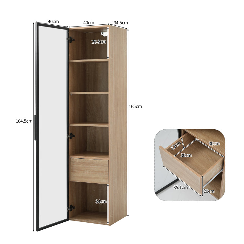 Badezimmerschrank, mittel, mit Lichtleiste, 40 cm breit, mit 1 großen Schubladen und 1 Türen, Glastür