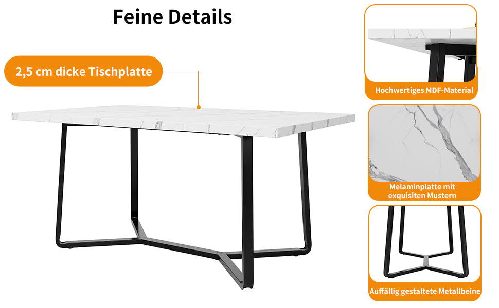 Leichter Luxustisch für 4-6 Personen, geeignet für Esszimmer, Wohnzimmer, MDF marmorierte Tischplatte, schwarze Beine