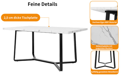 Leichter Luxustisch für 4-6 Personen, geeignet für Esszimmer, Wohnzimmer, MDF marmorierte Tischplatte, schwarze Beine