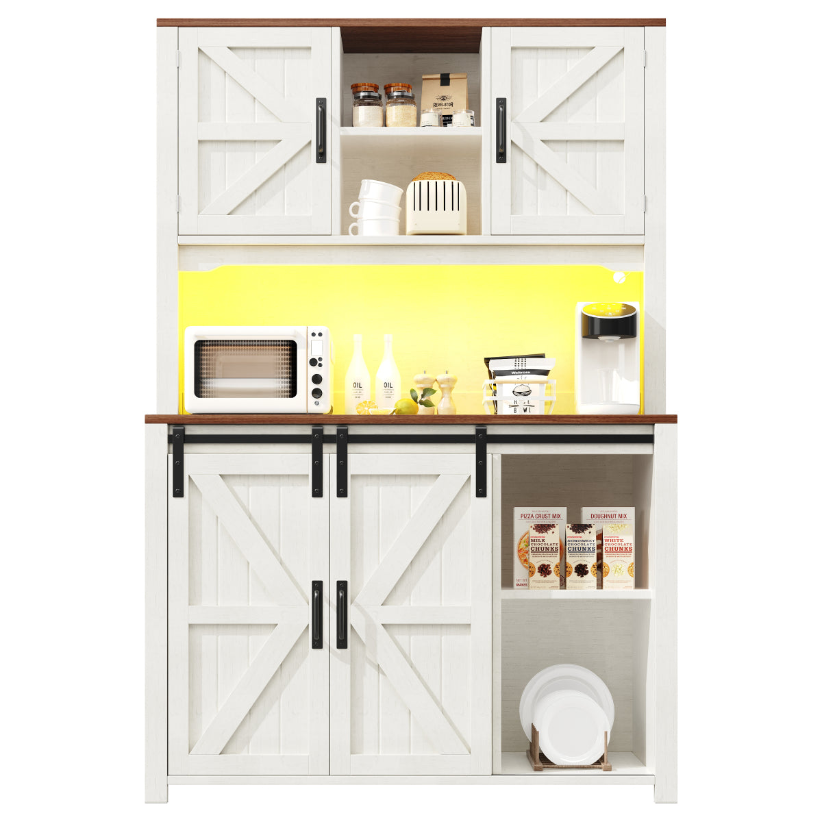 Küchenschrank 115x40x175cm hohes Sideboard Weiß mit App-LED-Beleuchtung, X-Design Schiebetüren, 2 Schubladen & Magnetklappen, Küchenbuffet