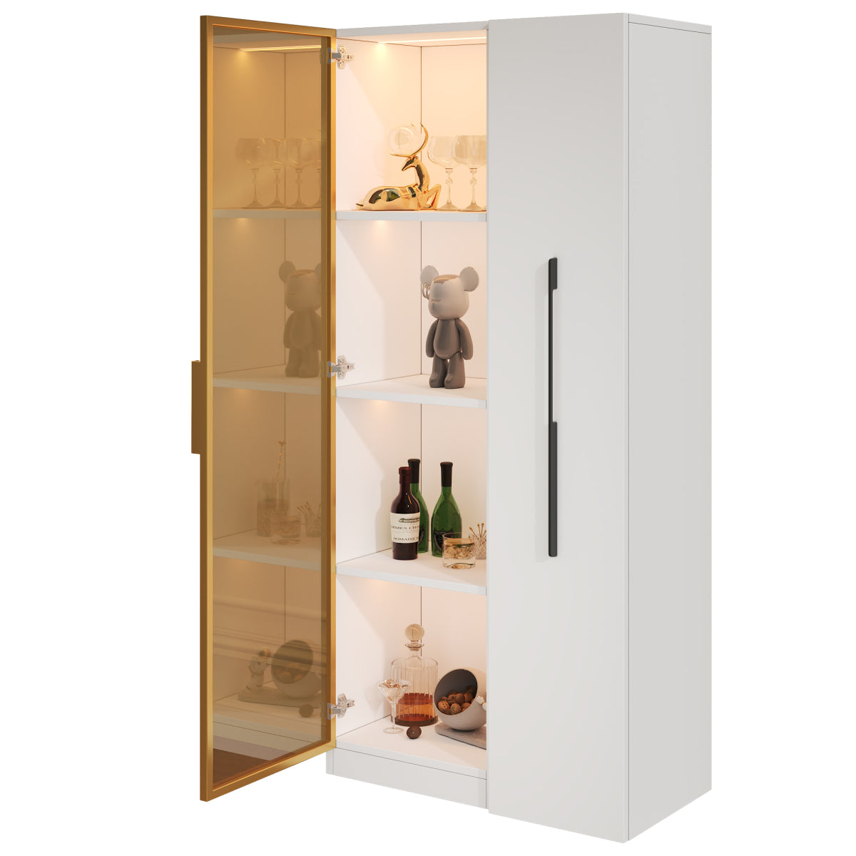 Vitrine 70x40x160cm mit LED-Beleuchtung & Seitenauszug - Weißer Glasschrank mit bernsteinfarbenem Glas, Gold-Akzenten & Rollen