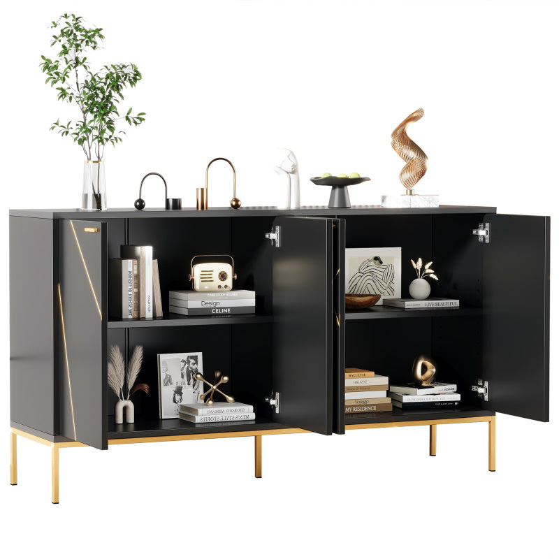 Sideboard mit vier Türen, Metallfüßen, TV-Schrank, Kleiderschrank,  geradliniges Design mit Metalllinien-Dekor, Schwarz+Golden