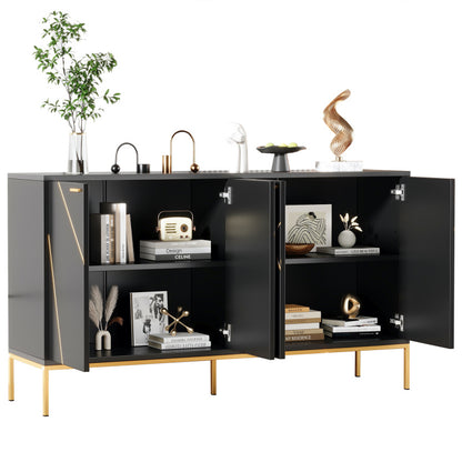 Sideboard mit vier Türen, Metallfüßen, TV-Schrank, Kleiderschrank,  geradliniges Design mit Metalllinien-Dekor, Schwarz+Golden