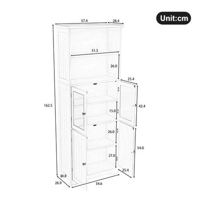 57.5 x 28.5 x 160cm Badezimmer-Hochschrank mit Stauraum, feuchtigkeitsbeständige Farbe, Glasschranktür, Holzschranktür, zwei offene Ablagefächer, verstellbare Trennwände, einfache Textur, Grau