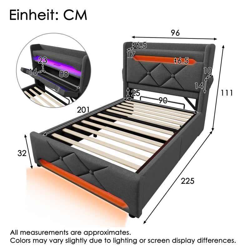 Polsterbett Einzelbett 90*200, Stauraum Kopfteil mit USB und Typ C-Port ,360-Surround-LED-Funktion rund um Kopf- und Fußende des, Betten mit Hydraulisch Stauraum, Grau , Leinen(Mit Matratze)