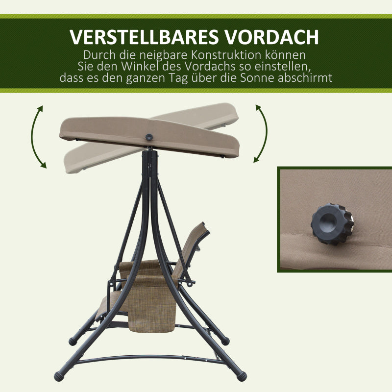 Hollywoodschaukel mit Seitentasche, 3-Sitzer Gartenschaukel mit verstellbarem Sonnendach, für Garten, Terrasse, Braun