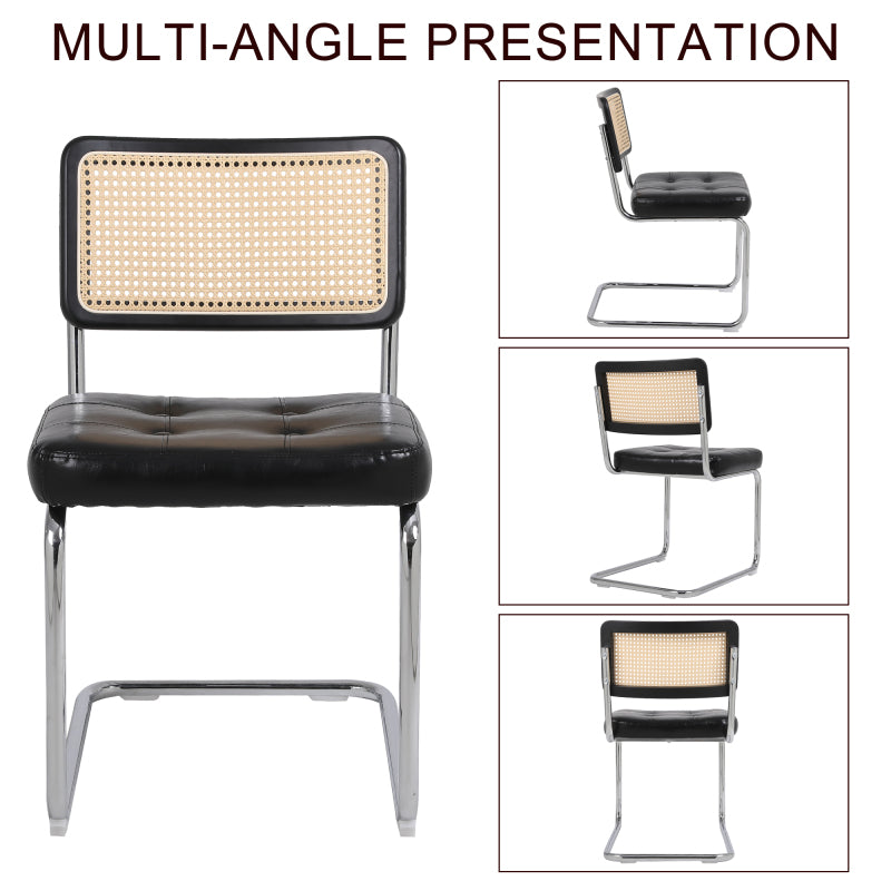 Mittelalterliche moderne Esszimmerstühle, ein Satz von 2-Rattan Esszimmerstühlen mit weichen gepolsterten Kunstlederelementen, armlose Mesh Rückenlehne Rattan Stühle, Metall Chrom Beine(Black)