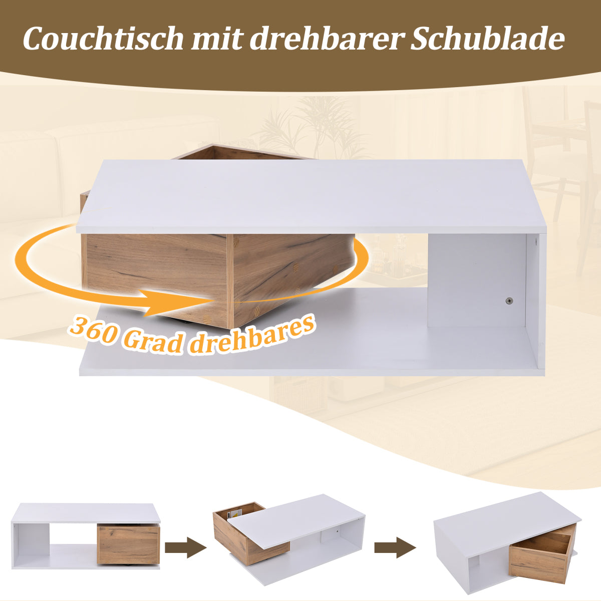 Design Couchtisch 90x50x30cm Weiß & Holz - Hochglanz Kaffeetisch mit 360° drehbarer Schublade & offenem Stauraum - Moderner Beistelltisch