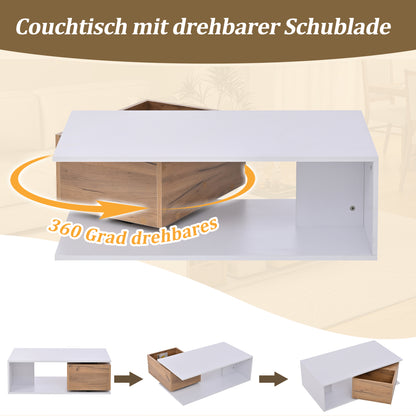 Design Couchtisch 90x50x30cm Weiß & Holz - Hochglanz Kaffeetisch mit 360° drehbarer Schublade & offenem Stauraum - Moderner Beistelltisch
