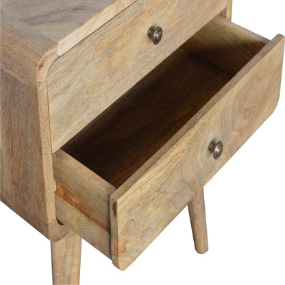 Nachttisch aus massivem Mangoholz – Oak-ish Finish, Curved Design, 2 Schubladen, Handgefertigt, Skandinavischer Stil, 45x35x55 cm