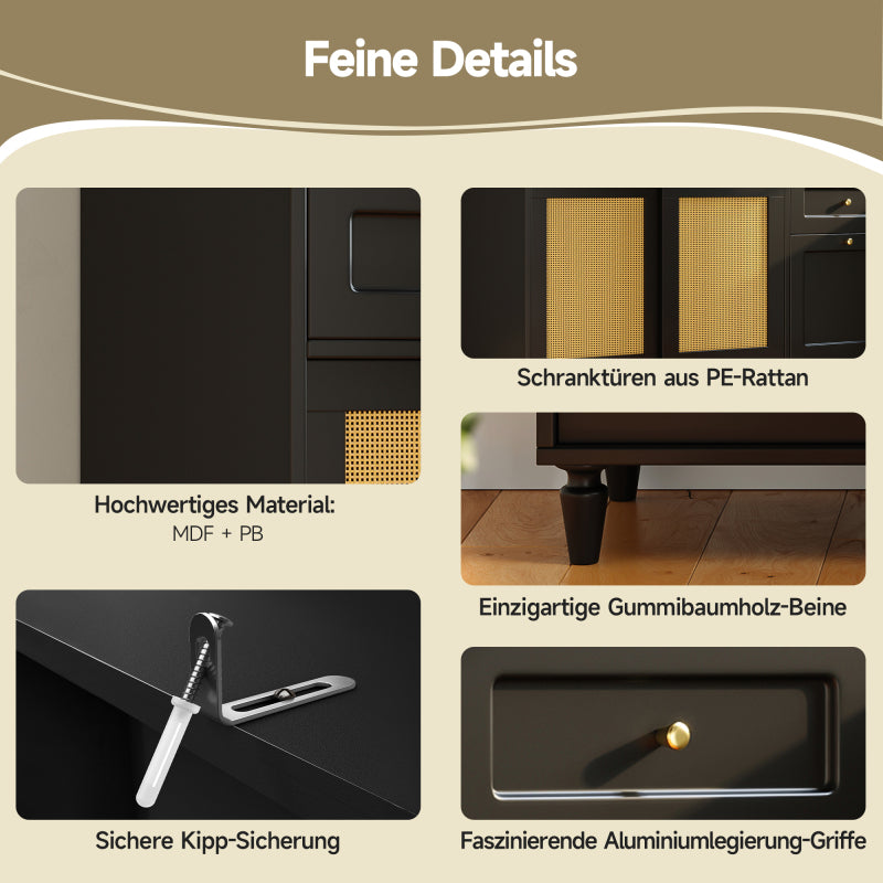 Küchenschrank, Esszimmerschrank mit 3 Schubladen,Sideboard mit LED-Beleuchtung, PE-rattan, schwarz