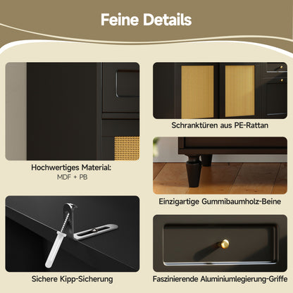Küchenschrank, Esszimmerschrank mit 3 Schubladen,Sideboard mit LED-Beleuchtung, PE-rattan, schwarz