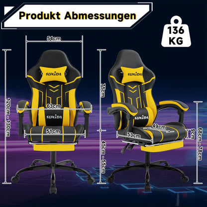Gaming Stuhl Computerstuhl Ergonomischer Gaming Chair mit Fußstütze Bürostuhl Ergonomischer Computerstuhl mit Lendenwirbelstütze Blackyellow