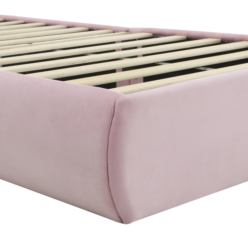 Polsterbett, Einzelbett, Hasenohren mit einstellbarer Helligkeit warmfarbenen Lichtstreifen, mit zwei Aufbewahrungshockern, Kinderbett mit Holzlatten, Samt, Rosa, 90x200cm