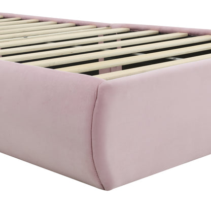 Polsterbett, Einzelbett, Hasenohren mit einstellbarer Helligkeit warmfarbenen Lichtstreifen, mit zwei Aufbewahrungshockern, Kinderbett mit Holzlatten, Samt, Rosa, 90x200cm