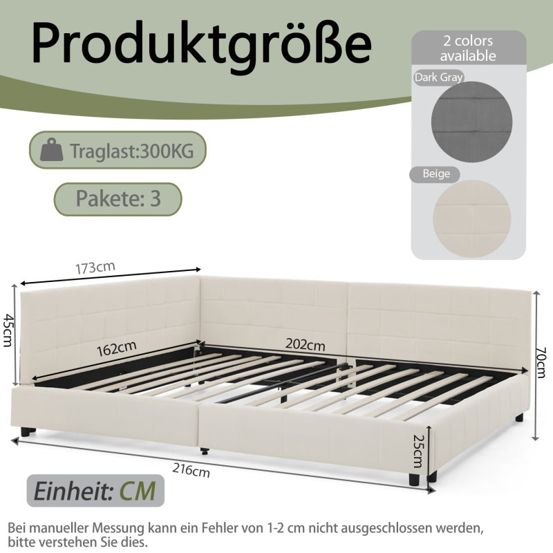 Doppelbett 160x200 cm weiches hautfreundliches Samt, L-förmiges Eck Bettgestell, robuste Eukalyptus- und Eisenlatten, Dark Gray (ohne Matratze)