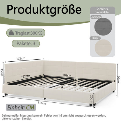 Doppelbett 160x200 cm weiches hautfreundliches Samt, L-förmiges Eck Bettgestell, robuste Eukalyptus- und Eisenlatten, Dark Gray (ohne Matratze)
