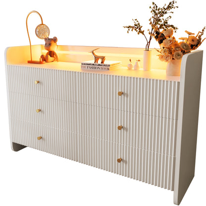 Sideboard, Kommode mit LED-Beleuchtung und 6 Schubladen, Wellenförmiges Rillendesign, Moderner Schrank für Wohnzimmer und Schlafzimmer, 120x40x75cm, Weiß