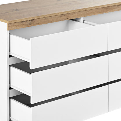 Kommode mit 6 Schubladen, Schließfach,Funktion von Aufbewahrung, für Schlafzimmer und Wohnzimmer, E1-Spanplatte, weiß+oak