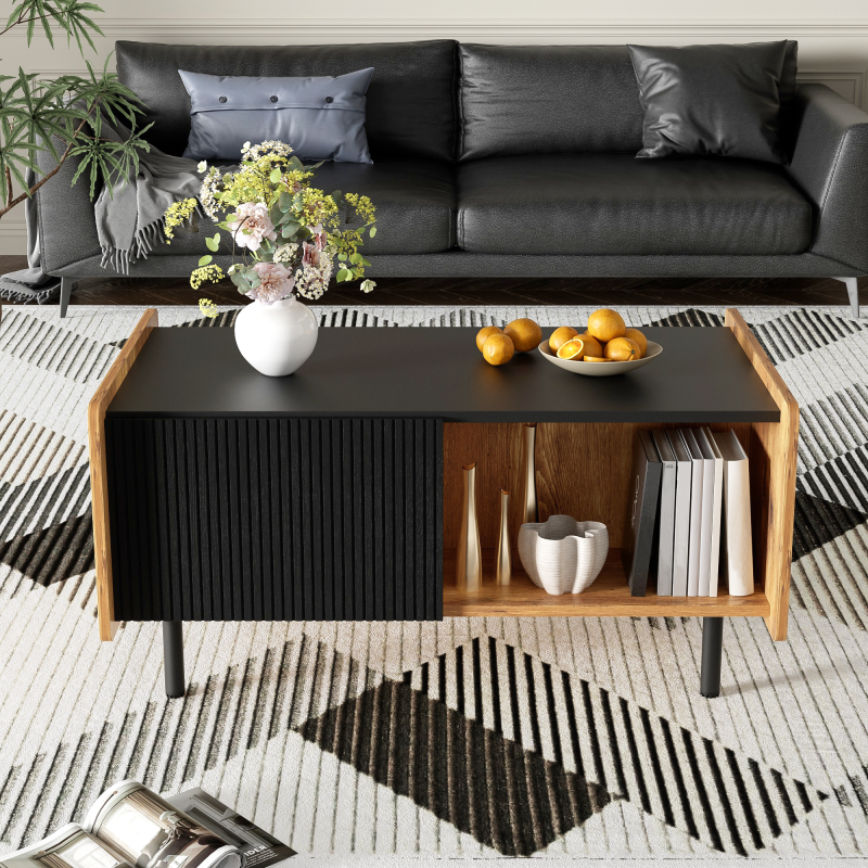 90 cm Schwarze und Holzfarbene Couchtisch – Moderner Stil, Zwei Offene Fächer und Zwei Türen, Dämpfende Scharniere