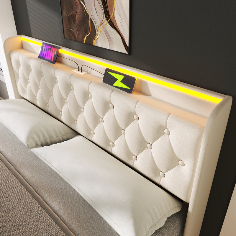 Polsterbett Doppelbett, 360-Surround-LED-Funktion, Drucktaste/App/Fernbedienung, 140*200 cm, weiß PU-Material Hydraulisches Lagerbett, gepolstertes Kopfteil mit USB Typ-C Ladefunktion (Mit Matratze)