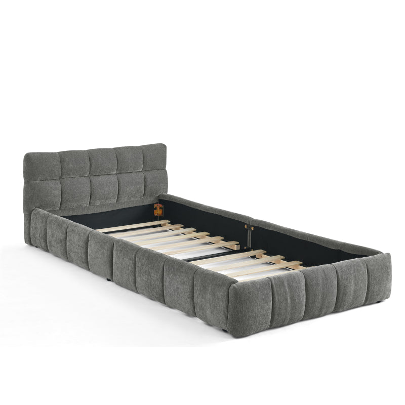 Einzelbett 90*200 cm, Kinderbett mit seidig weichem Chenille - Bezug, quadratischem Steppdesign, Dark Gray (ohne Matratze)