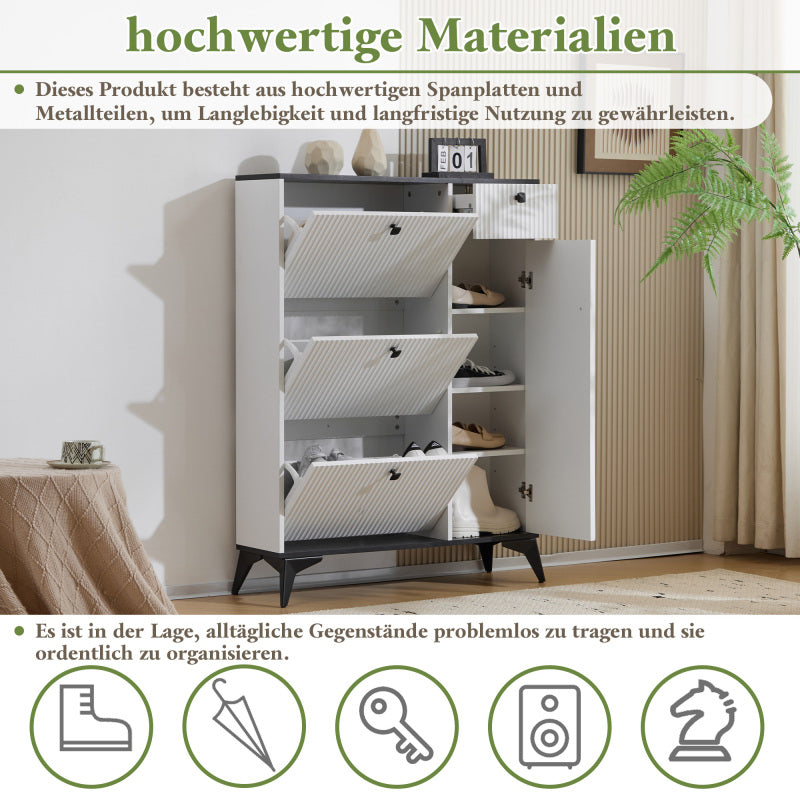 Schuhschrank mit 3 Klappen, 1 Schublade und 1 Tür, Schuhregal, Schuhkipper schmal, Schuhschrank weiß
