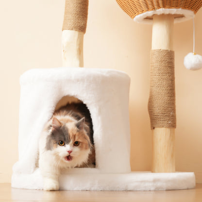 Katzenbaum aus Massivholz mit 2 Körben & Höhle, Naturholz & Sisal, mit Plüschball & dickem Kissen – Nachhaltig 108cm