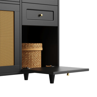 Küchenschrank, Esszimmerschrank mit 3 Schubladen,Sideboard mit LED-Beleuchtung, PE-rattan, schwarz