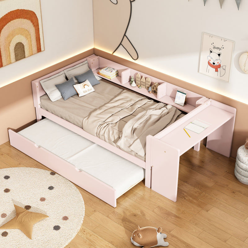 90*200cm, Flachbett, mit ausziehbarem Bett, mit Schreibtisch, drei Regale an der Seite des Bettes, Rosa