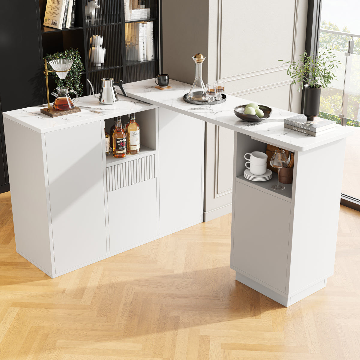 360° Drehbarer Bartisch 210cm L-Form Kücheninsel mit Marmor-Optik Arbeitsplatte, Moderner Tresen & Aufbewahrungsschrank Weiß, Sideboard