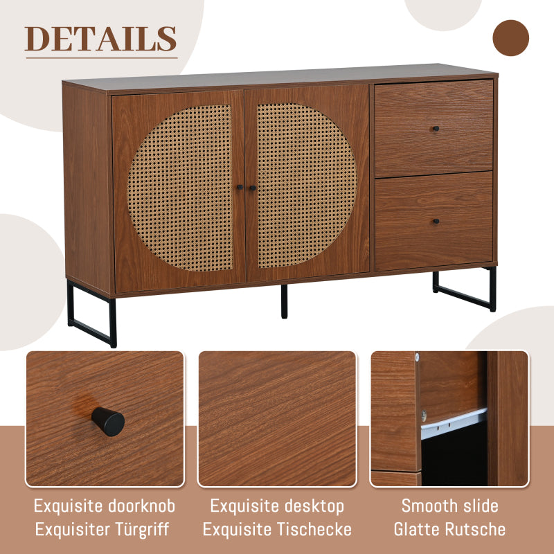 Sideboard mit 2 Rattan verzierten Türen und 2 Schubladen Kommode Küchenschrank, Mehrzweckschrank, Highboard mit Metallgriffe, für Schlafzimmer & Wohnräume & Büro