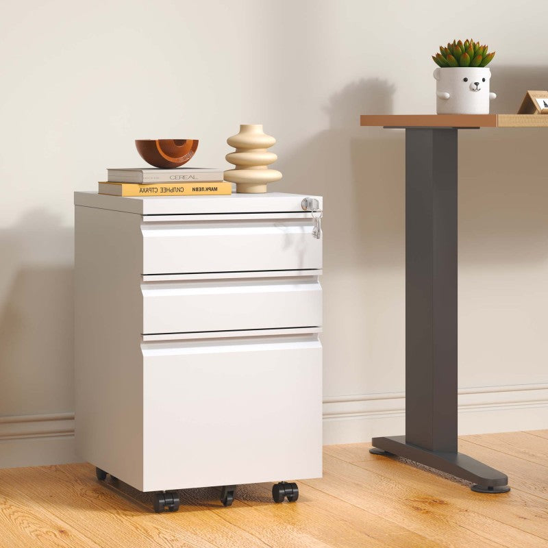 3-Schubladen-Mobil-Aktenkasten mit Schloss - Metall-Ablagekästen für Home Office Organisation – Letter, Legal und A4,Weiß,H60 cm × B37.3 cm × T44 cm.