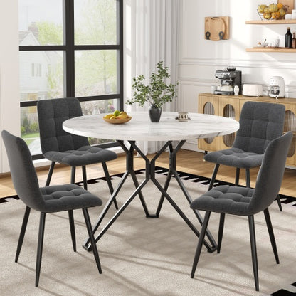 Esstisch-Set (5-teilig), Esstisch-Set mit 4 Stühlen, Modernes Küchen-Esstisch-Set, Runder Küchentisch mit Durchmesser 100 cm, Schwarze Metallbeine, MDF-Marmor-Tischplatte, Graue Samt-Esszimmerstühle