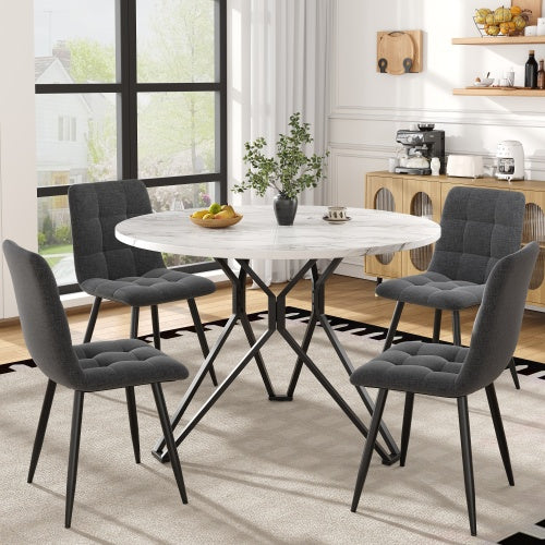 Esstisch-Set (5-teilig), Esstisch-Set mit 4 Stühlen, Modernes Küchen-Esstisch-Set, Runder Küchentisch mit Durchmesser 100 cm, Schwarze Metallbeine, MDF-Marmor-Tischplatte, Graue Samt-Esszimmerstühle