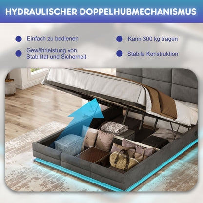 160 x 200 cm Bettgestell aus weichem Samt mit USB Type C Ladefunktion und LED Beleuchtung, Hydrauliksystem Stauraum Bettgestell aus Samtmaterial Jugendbett mit Lattenrost, Grau