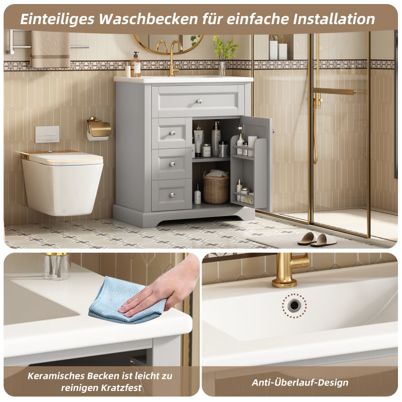 76x46x87cmBodenstehender Badezimmerschrank mit Waschbeck, Waschtisch, feuchtigkeitsbeständig lackiert, Soft-Close-Schubladenführungen, Türregale,ausklappbare Schublade,verstellbare Ablagefläche, grau
