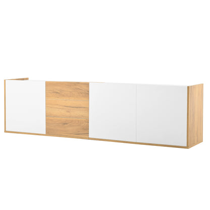 TV-Schrank, niedriges Paneel in Weiß und Holzfarben, TV-Möbel, die an die Wand gehängt oder auf den Boden gestellt werden können