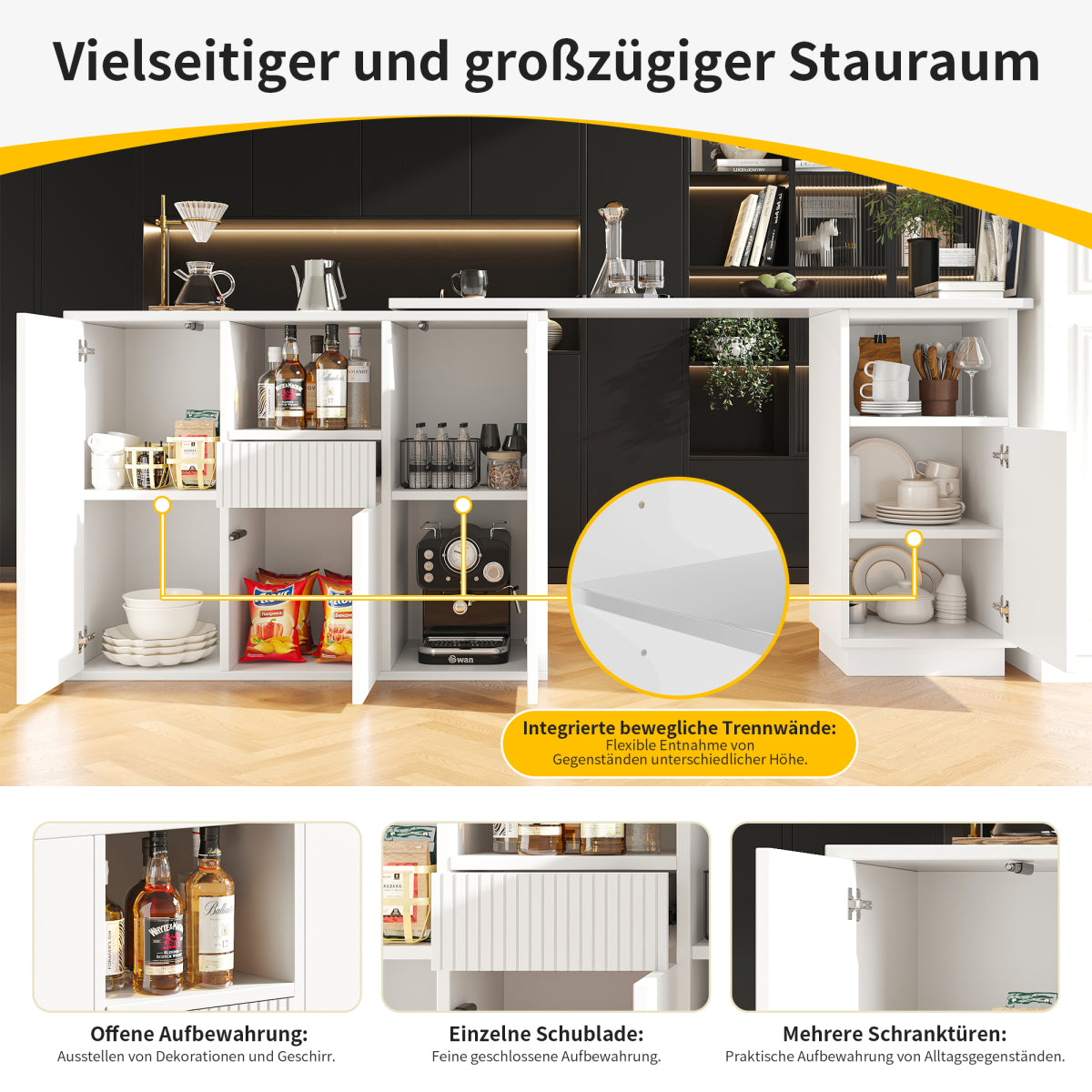 360° Drehbarer Bartisch 210cm L-Form Kücheninsel mit Marmor-Optik Arbeitsplatte, Moderner Tresen & Aufbewahrungsschrank Weiß, Sideboard