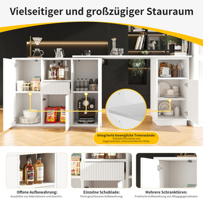 360° Drehbarer Bartisch 210cm L-Form Kücheninsel mit Marmor-Optik Arbeitsplatte, Moderner Tresen & Aufbewahrungsschrank Weiß, Sideboard