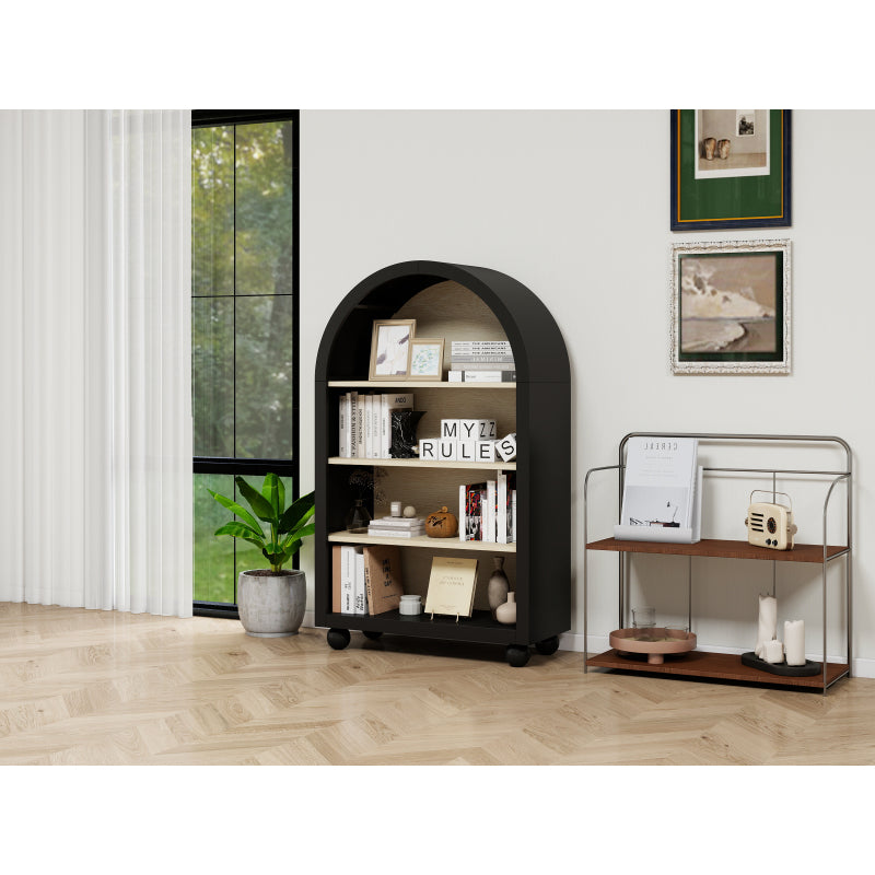 Schwarzes Bücherregal mit bogenförmigem Design, Höhe 120 cm, geeignet für Wohnzimmer, Schlafzimmer, Arbeitszimmer und Büro
