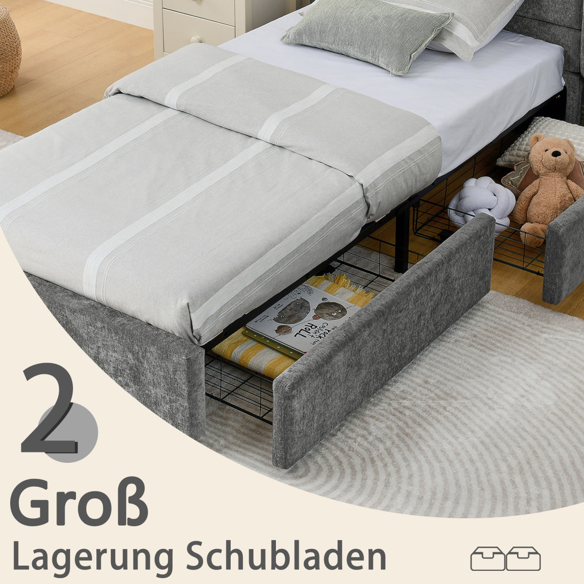 Einzelbett 90×200 cm mit Chenille-Oberfläche & 2 Schubladen, stabiles Bettgestell aus Holz/Metall, ideal für Kinder-, Jugend- & Gästezimmer, Gray (ohne Matratze)