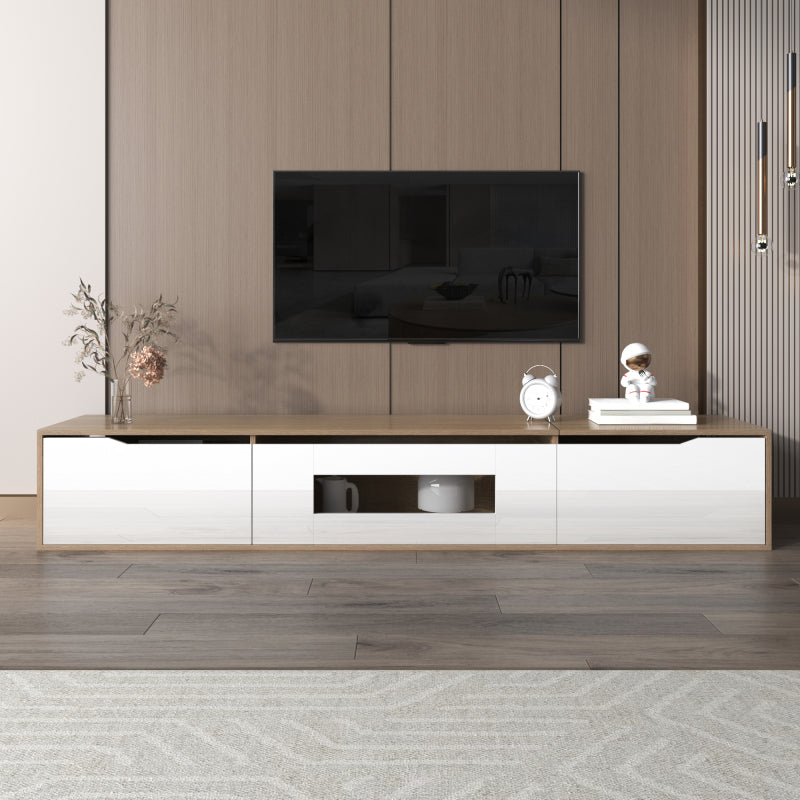 TV-Schrank, Hochglanz-TV-Schrank, farblich passend zu Hochglanz-Weiß und Holzfarbe, mit farbwechselndem LED-Licht.