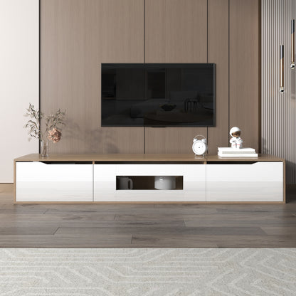 TV-Schrank, Hochglanz-TV-Schrank, farblich passend zu Hochglanz-Weiß und Holzfarbe, mit farbwechselndem LED-Licht.
