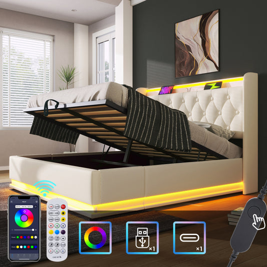 Polsterbett Doppelbett, 360-Surround-LED-Funktion, Drucktaste/App/Fernbedienung, 180*200 cm, weiß PU-Material Hydraulisches Lagerbett, gepolstertes Kopfteil mit USB Typ-C Ladefunktion (Ohne Matratze)